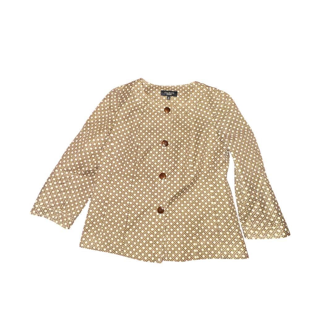 Talbots 3/4 Sleeve Blazer Women's Size 10 Brown Cream Weave Button Front Preppy